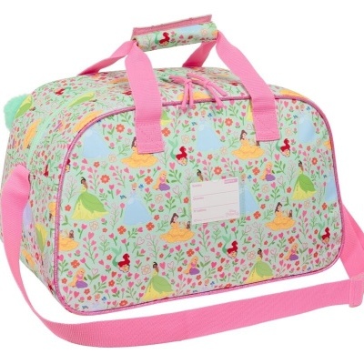 Mala de viagem floral com princesas e alças cor-de-rosa