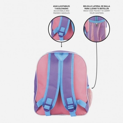 Mochila rosa e lilás vista de costas com alças ajustáveis e bolso lateral de malha