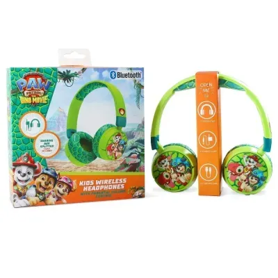Auscultadores wireless verdes para crianças com personagens PAW Patrol dino movie