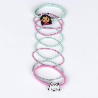 Conjunto de pulseiras finas rosas e verdes com figuras de menina e gato