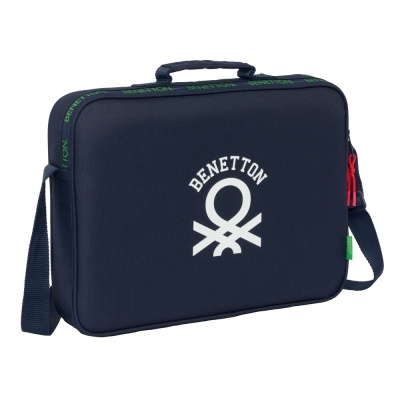 Mala azul escura com logótipo BENETTON branco e detalhes verdes e vermelhos.