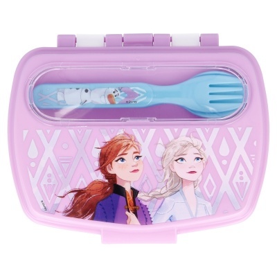 Estojo rosa com personagens Anna e Elsa e garfo azul com Olaf.