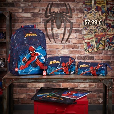 Conjunto escolar Marvel Spider-Man com mochila e estojos azuis