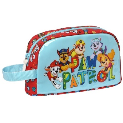 Necessaire Paw Patrol azul e vermelha com personagens e texto colorido