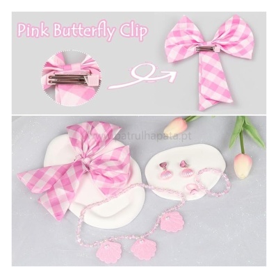 Conjunto de acessórios de cabelo rosa xadrez com laço, brincos e colar com pingentes em forma de flor