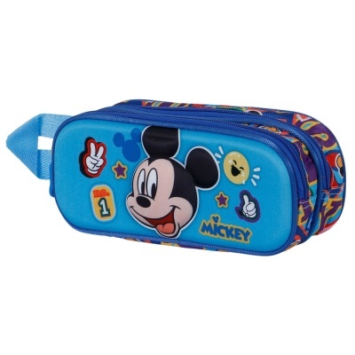 Estojo escolar azul com desenho do Mickey Mouse e fechos duplos