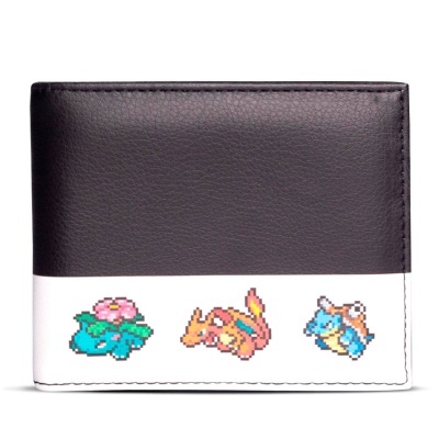 Carteira preta e branca com desenhos pixelados de personagens inspirados em Pokémon
