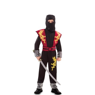 Fato de criança ninja preto com detalhes vermelhos e dourados e espada