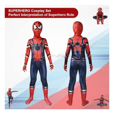 Fato de cosplay super-herói azul e vermelho com padrão de teia de aranha