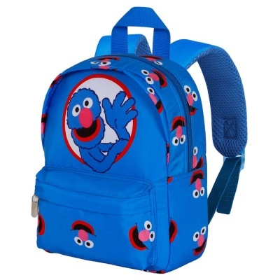 Mochila azul infantil com personagem e padrão de rostos coloridos