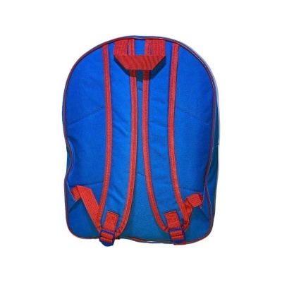 Mochila azul com alças vermelhas larga, vista de costas