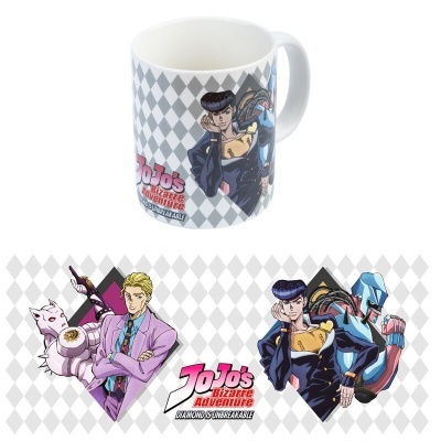 Caneca JoJo's Bizarre Adventure com personagens e logotipo, fundo de losangos cinzentos