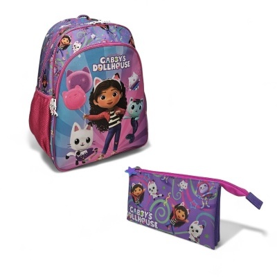 Mochila e estojo escolares com personagens animados e texto CABBY'S DOLLHOUSE