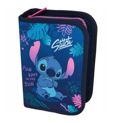 Estojo escolar azul com personagem Stitch e padrões tropicais