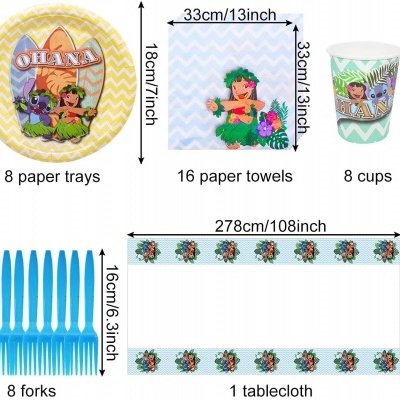 Conjunto de festa com pratos, guardanapos, copos, garfos e toalha de mesa temática Ohana