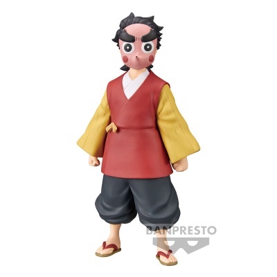 Figura de ação com roupa tradicional em vermelho, amarelo e cinza e máscara rosa.