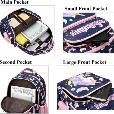 Mochila azul com padrão de unicórnios e vários bolsos abertos com material escolar