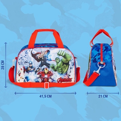 Mala infantil azul e vermelha com personagens Avengers estampados