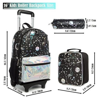 Conjunto mochilas infantis com padrão planetas e estrelas e bolso holográfico