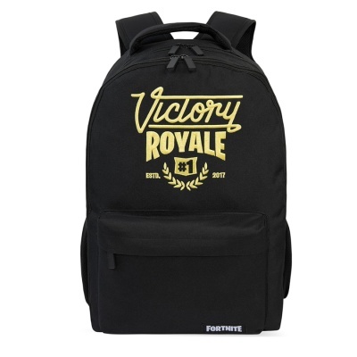 Mochila preta com texto bordado amarelo e etiqueta Fortnite