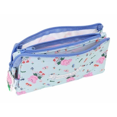 Estojo escolar azul claro com padrão de elefantes cor-de-rosa e três compartimentos com fechos azuis
