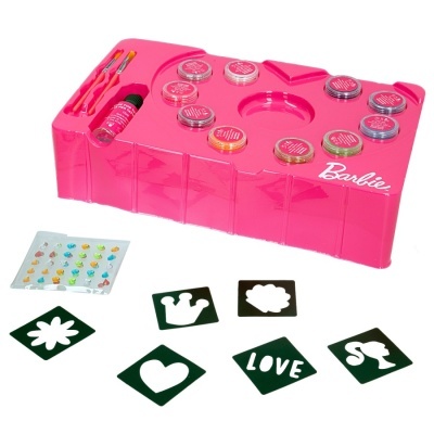 Organizador rosa Barbie com verniz, pincéis, moldes e autocolantes