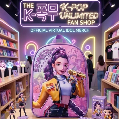 Mochila rosa com design de personagem feminina de K-pop e microfone dourado numa loja com luzes neon