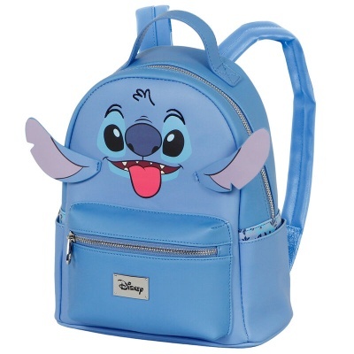 Mochila azul clara com personagem Stitch da Disney e orelhas em relevo.