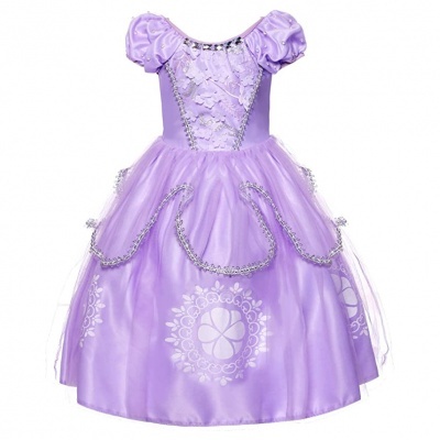 Vestido infantil lilás com mangas bufantes, renda e saia com tule e estampas florais