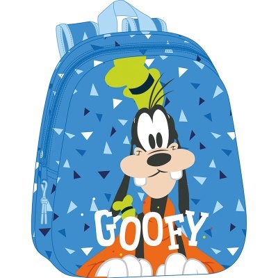Mochila azul com imagem do personagem Goofy e padrão de triângulos