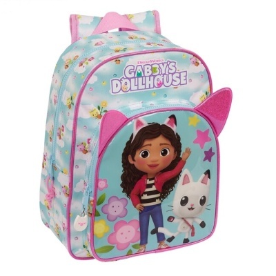 Mochila 'Gabby's Dollhouse' azul clara com personagens e orelhas de gato rosa