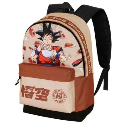 Mochila bege com ilustração de Goku e padrão de comida japonesa