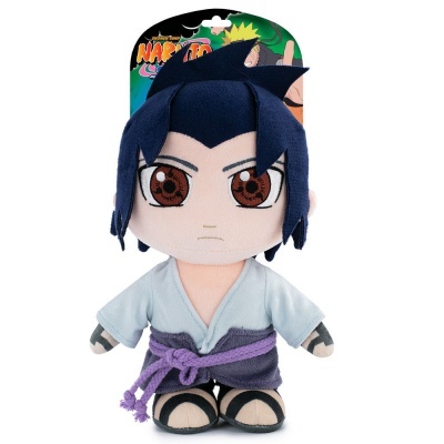 Pelúcia do personagem Sasuke Uchiha do anime Naruto com kimono azul claro e cinto roxo
