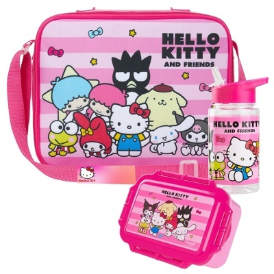 Conjunto Hello Kitty and Friends com bolsa térmica, garrafa e lancheira rosa e personagens coloridos