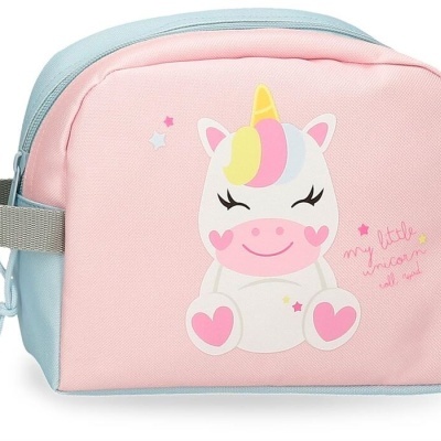 Bolsa rosa e azul com estampa de unicórnio sorridente e texto decorativo