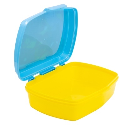 Recipiente plástico quadrado azul e amarelo com tampa aberta