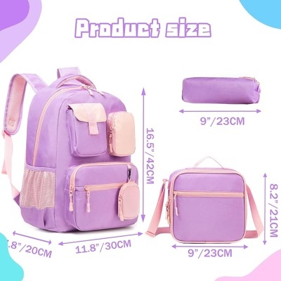 Conjunto de mochila lilás com estojo e saco térmico cor de rosa