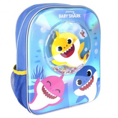 Mochila infantil azul Baby Shark com janela plástica arredondada e desenhos de tubarões coloridos
