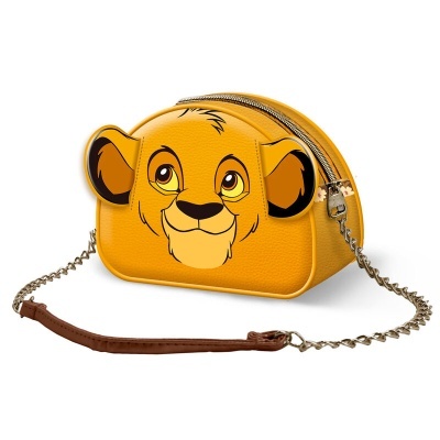 Bolsa amarela com rosto do Simba, alça de corrente e couro castanho