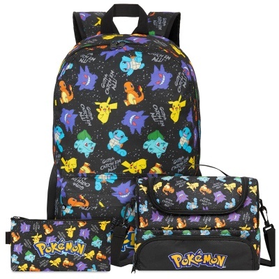 Conjunto de mochila, saco e estojo preto com estampado de personagens Pokémon