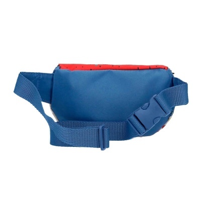 Bolsa de cintura azul com interior vermelho e fecho de plástico azul