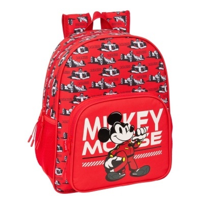 Mochila vermelha com padrão de carros e imagem do Mickey Mouse vestido de piloto