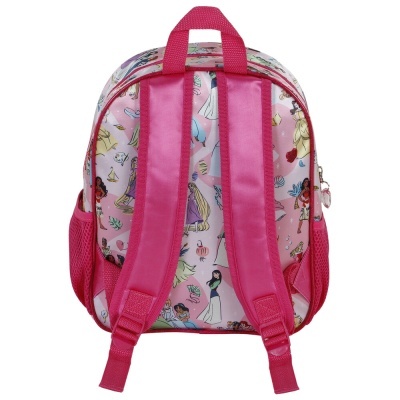 Mochila infantil cor-de-rosa com padrão de princesas vista de trás