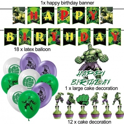 Conjunto de decoração de festa do Hulk com banner, balões e decoração para bolo.