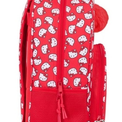 Mochila vermelha com padrão Hello Kitty e bolso frontal com aplique
