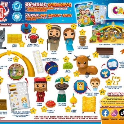 Embalagem colorida de conjunto de presépio com 26 peças de figuras de plástico e cenário