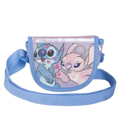 Bolsa infantil azul com imagem de personagens animados em tecido brilhante