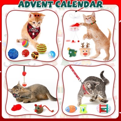 Quatro gatos com brinquedos coloridos e texto 'ADVENT CALENDAR' em fundo festivo.