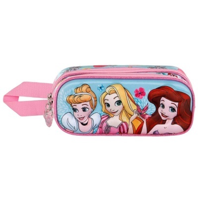 Estojo escolar Disney Princesas azul e rosa com imagem de Cinderella, Rapunzel e Ariel