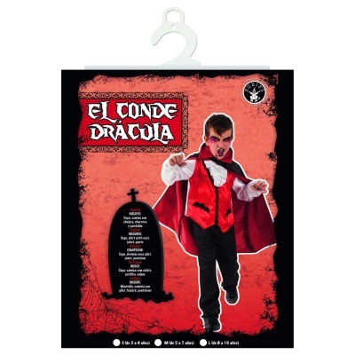 Disfarce infantil El Conde Drácula com casaca vermelha, camisa branca e capa preta e vermelha